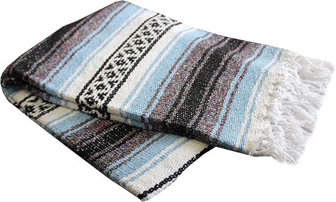 Del Mex Classic Mexican Blanket, Large Authentic Woven Falsa Throw (70"x50"), Artisan Southwest Décor for Beach, Yoga, Outdoors (Light Blue)-Ruum Studio Home