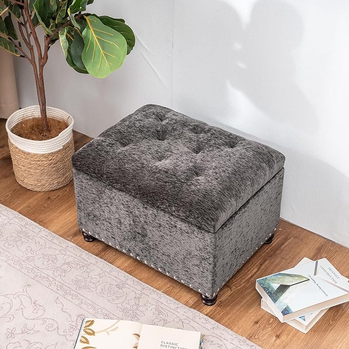 Joveco Storage Ottoman Bench, Rectangle 24" Velvet Foot Rest Stool Square Footstool for Living Room, Bedroom, Charcoal Grey-Ruum Studio Home