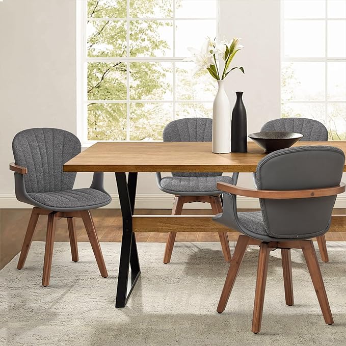LUNLING Swivel Dining Chairs Set of 4, Mid Century Modern Gray Fabric+Faux Leather Kitchen Chairs with Arms,Bamboo Legs Side Chairs No Wheels,Accent Chair for Dining Rooms and Offices(Gray Fabric)-Ruum Studio Home