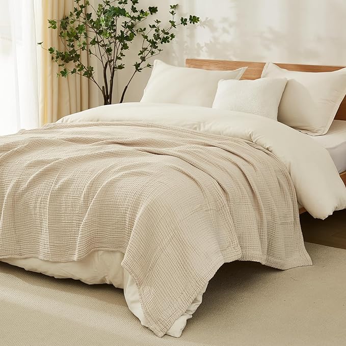 EMME Cotton Blanket Queen Size for Bed Soft Muslin Bed Blankets 90"x90" Lightweight Breathable Bedspread Coverlet All Season Gauze, Light Tan-Ruum Studio Home