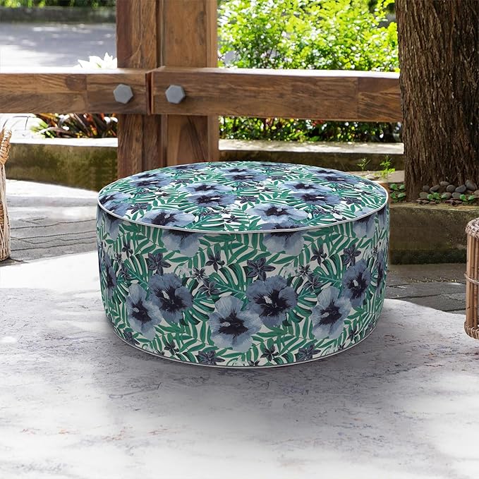 LVTXIII Indoor/Outdoor Inflatable Ottoman, D31 x H14 Inch Large Round Ottoman, All Weather Foot Rest Stool, Portable Footrest for Patio, Garden, Camping and Home - Blue Salmone Tropical-Ruum Studio Home