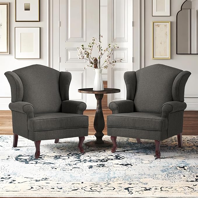 Accent Chair, High Back Upholstered Armchair with High Resilience Sponge & Wood Legs, Mid-Century Modern Comfy Single Sofa Reading Chairs for Living Room, Bedroom (Dark Grey, Set of 2)-Ruum Studio Home