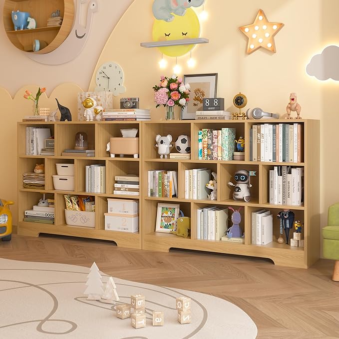 Book Shelf, 10 Cubes Storage Organizer, 3-Tier Open Shelf Wooden Bookcase, Freestanding Log Bookshelf Cube Shelf for Bedroom, Living Room, Home Office-Ruum Studio Home