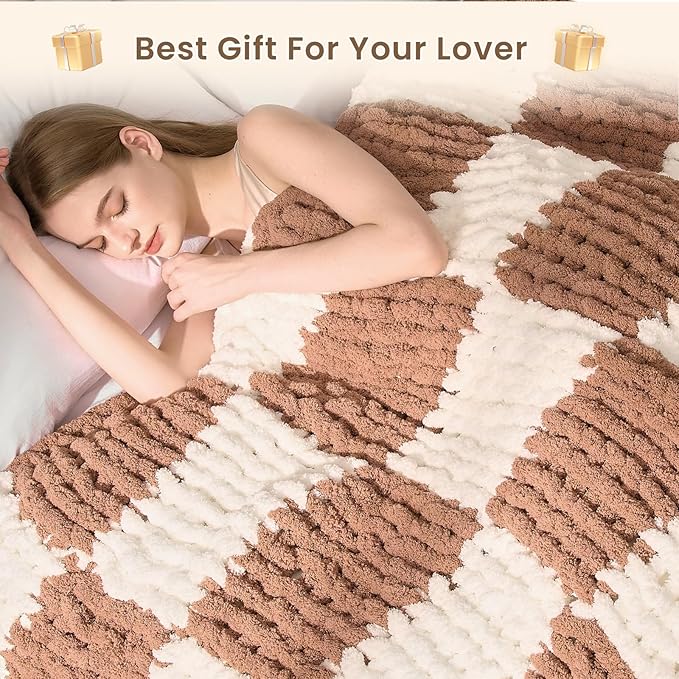 L'AGRATY Chunky Knit Blanket Throw: 50''x60'' Chenille Chunky Knitted Throw Blankets for Bed Couch - Handmade Thick Cable Knit Blanket - Large Crochet Rope Blankets for Home Decor(Brown Checkered)-Ruum Studio Home