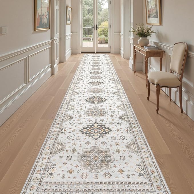 Washable 3x20 Runner Rug - Area Rugs Neutral Vintage Distressed Floral Farmhouse Boho Large Soft Floor Rug Indoor Carpet for Hallway Entryway Home - Blue Brown-Ruum Studio Home