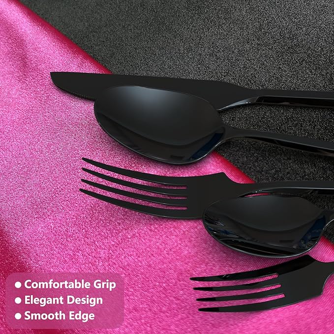 Black 20 Piece Stainless Steel Silverware Set, Handle Flatware, Modern Mirror Finish Cutlery Set, Service for 4, Dishwasher Safe-Ruum Studio Home