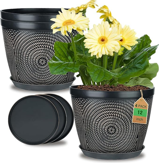 Quarut 12 Inch 4 Pack Large Plant Pots, Plastic Flower Pot for Indoor & Outdoor with Drainage Holes & Saucer, Circle Pattern Planters Garden Pots for Herbs-Ruum Studio Home