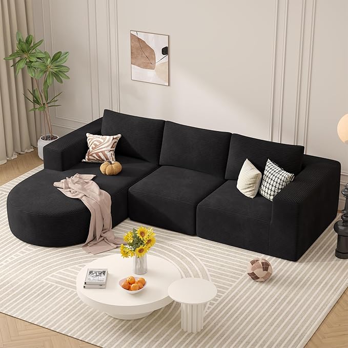 Modular Sectional Sofa with L-Shape Chaise,Cloud Sectional Modern Sleeper Couch with Deep Seat,Sponge Compression Sofas No Assembly Required (Black-Corduroy Fabric) 1pcs-Ruum Studio Home