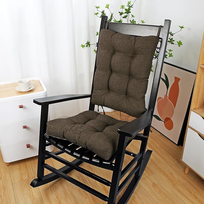BUYUE Chair Cushion Set for Rocking Chair, Back Pillow & Seat Cushion with Ties, Original Woven Fabric Non-Slip Chair Pads for Elderly Sitting, Brown-Ruum Studio Home