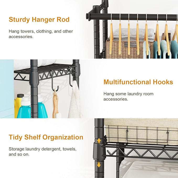 U14 Over Washer and Dryer Storage Shelves, 4 Tiers Laundry Room Storage and Organizer System, Space Saving Clothes Drying Rack with 2 Clothes Hanger Rods, 66.5" W x 20.5" D x 77.4" H, Black-Ruum Studio Home