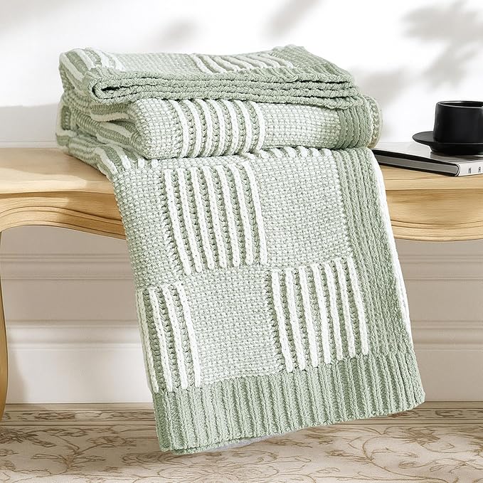 Amélie Home Chenille Knit Throw Blanket for Couch, Checkered Texture Decorative Soft Blanket for Sofa, Bed & Living Room, 50"x60", Sage Green & White-Ruum Studio Home