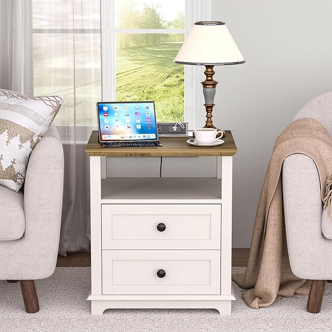 HIFYOBRO End Table with Flip Top Charging Station and 2 Drawers, Type-C & USB Port & Power outlets, Wooden Storage Cabinet, Large Side Table with Storage for Living Room and Bedroom (White)-Ruum Studio Home