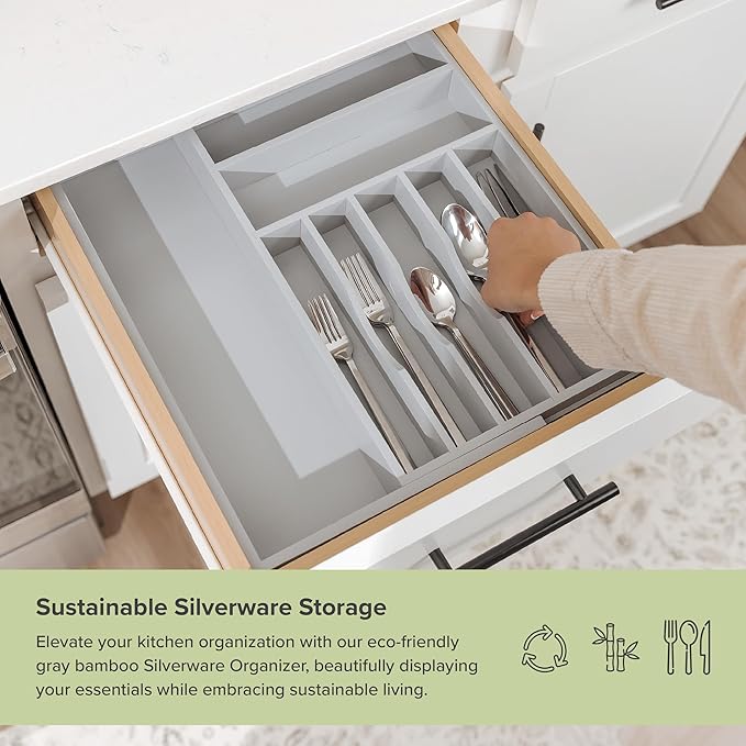 Premium Silverware, Flatware and Utensil Organizer for Kitchen Drawers, Food-Safe Contract Grade, Expandable from 10.5 to 19 In, Gray Bamboo-Ruum Studio Home