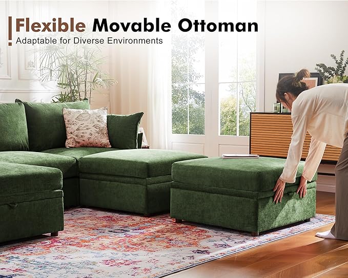 Luxury Modular Sectional Sofa, L-Shaped 3-Seat Couch with Storage Ottoman Deep Seat & Reversible Chaise Lounge Chenille Green for Compact Spaces, Apartments, Dorm-Ruum Studio Home