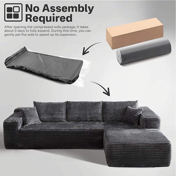 106" Cloud Sectional Couches for Living Room,Plush Corduroy Boneless Couch with Comfy Chaise,L Shaped Sofa in A Box No Assembly Require,Grey-Ruum Studio Home