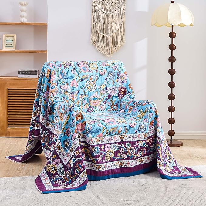 Fall Blanket for Bed, 100% Cotton Soft Rustic Boho Throw Blanket Quilt, 60"x80" Farmhouse Decor Bed Flower Blankets, Light Weight Reversible Bohemian Throw Quilt-Ruum Studio Home