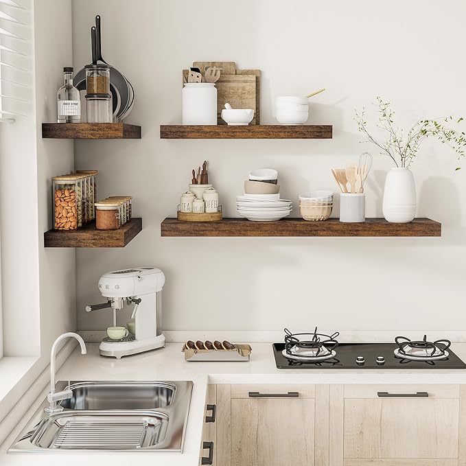 12" Deep Floating Shelves for Wall 48 Inches Long, Heavy Duty Wall Shelves for Bedroom Bathroom Kitchen Laundry Room, Farmhouse Rustic Shelves for Home Decor, 48" X 12" X 2" Set Of 2, Rustic Brown-Ruum Studio Home