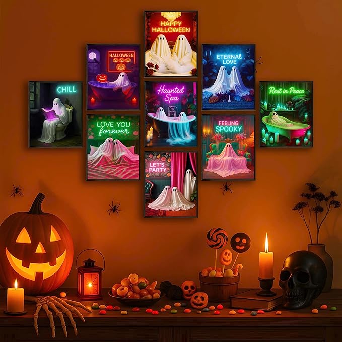 LANCHI95 Halloween Ghosts Wall Art Halloween Wall Art Gothic Romantic Couple Cute Ghost Wall Decor Pictures Horror Wall Decor for Living Room Bedroom, Set 9pcs - 8x10 in (UNFRAMED)-Ruum Studio Home