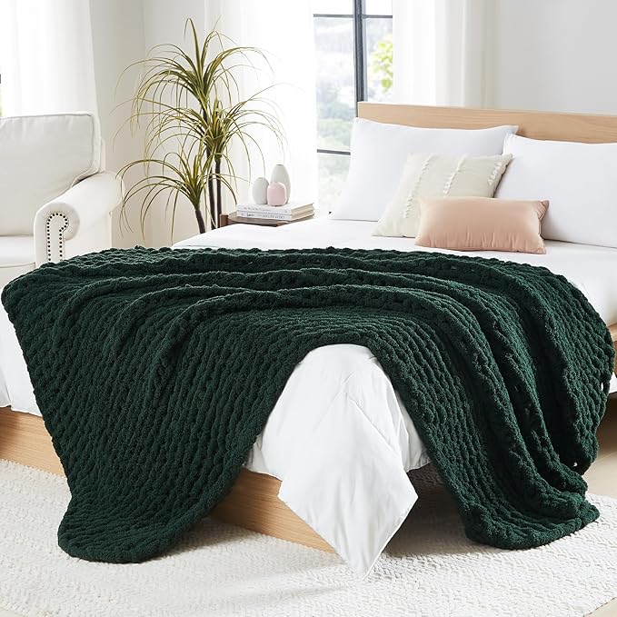 L'AGRATY Chunky Knit Blanket Throw - Soft Chunky Throw Blanket 30x40: 100% Hand Kintted Chenile Crochet Throw Blanket for Couch - Large Cable Knit Chunky Blanket for Home Decor(Olive Green)-Ruum Studio Home