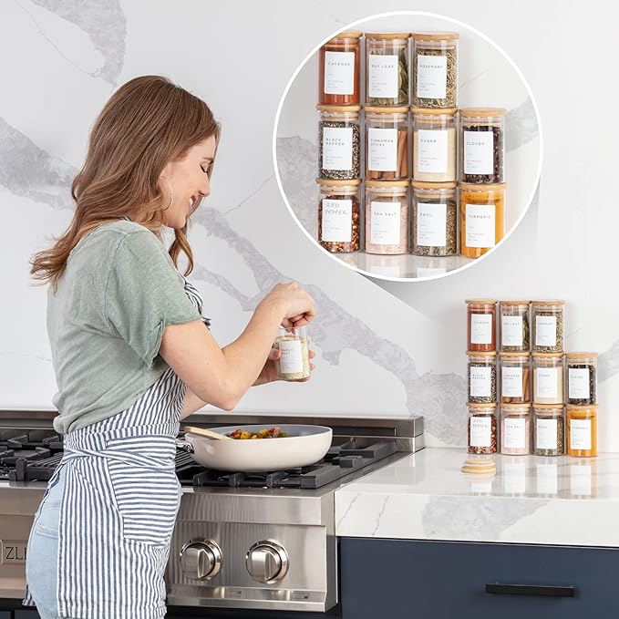 Empty Spice Jars with Label Pack (12x Bamboo Lid Glass Jar). Small 6oz Spice Storage Bottles with 112 Printed Stickers and 48 Writable Pantry Labels for Seasoning Containers-Ruum Studio Home