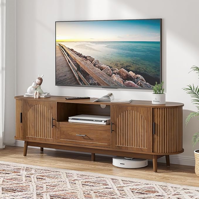 70" Fluted TV Stand for Tvs up to 80", Mid-Century Modern Entertainment Center with Drawers and Fluted Doors, Curved TV Media Console Table with Sliding Doors for Living Room, Bedroom (70")-Ruum Studio Home