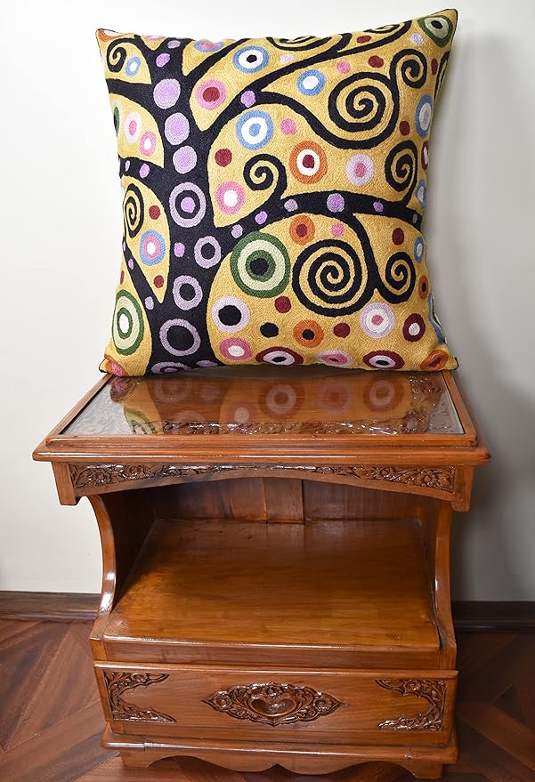 Klimt Yellow Tree of Life Pillow Cover Gold Floral Pillowcase Flower Botanical Gold Accent Suzani Sofa Cushions Kids Room Cushions Hand Embroidered Wool Size - 18x18-Ruum Studio Home