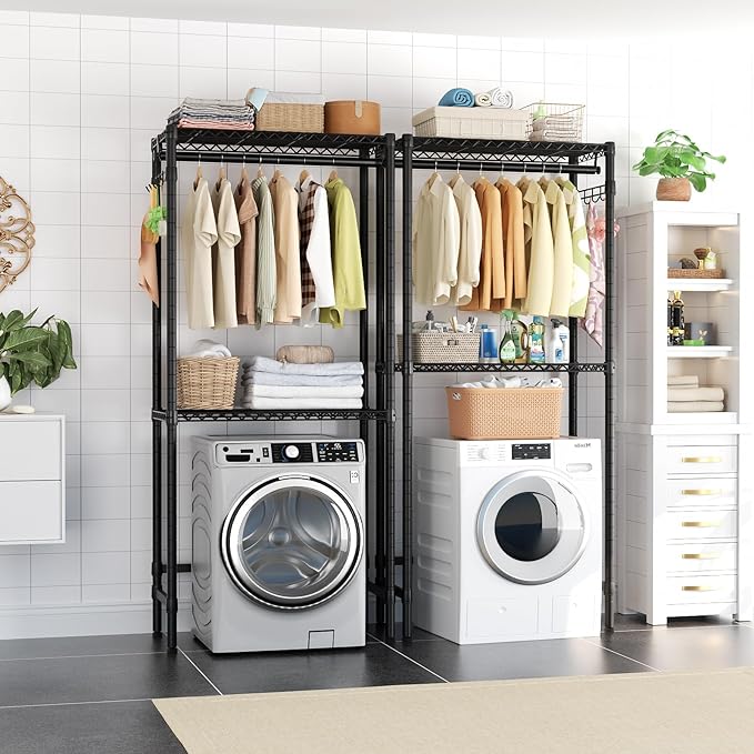Over Washer and Dryer Shelves,2 Tier Adjustable Height Wire Shelving Laundry Room Storage Organization Clothes Drying Rack with Hanger Rod&Hooks,Space Saving Organizers Shelf,Black-Ruum Studio Home