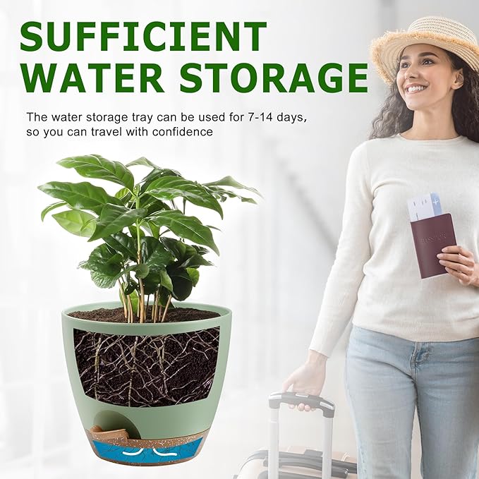 Plant Pots 12/10/9 Inch Self Watering Pots, Set of 3 Plastic Planters with Drainage Holes and Saucers,Plastic Flower Pots,Nursery Planting Pot for Indoor Out Door Plants(Green)-Ruum Studio Home