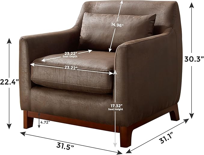 Extra Deep Accent Chair, Comfy Fabric Armchair with Wood Base, Upholstered Single Sofa Chair for Living Room & Bedroom, Faux Leather Dark Brown-Ruum Studio Home