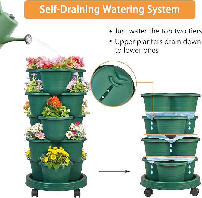VECELO 5 Tier Vertical Garden Planter, Self Watering Stackable Planters with Wheels for Strawberries, Herbs, Flowers, Vegetables, Dark Green-Ruum Studio Home
