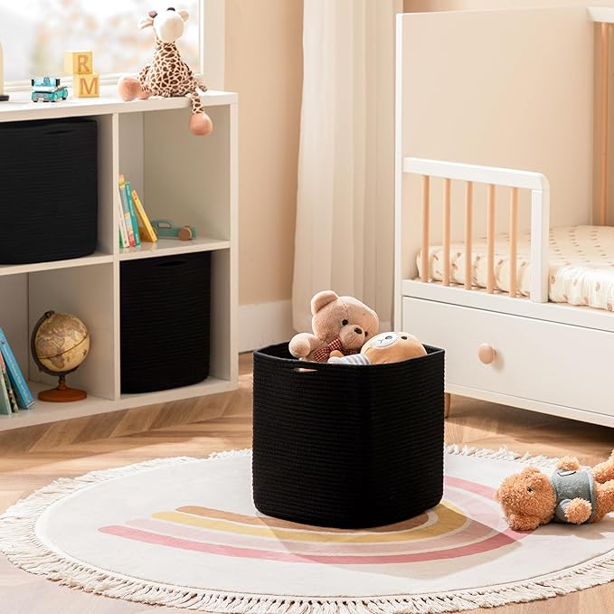 joybest Cube Storage Bins Set of 4, 13inch Cube Baskets Organizer for Nursery, Square Cotton Rope Baskets for Shelves Organizing, Kids Toy, Closet Storage, Black-Ruum Studio Home