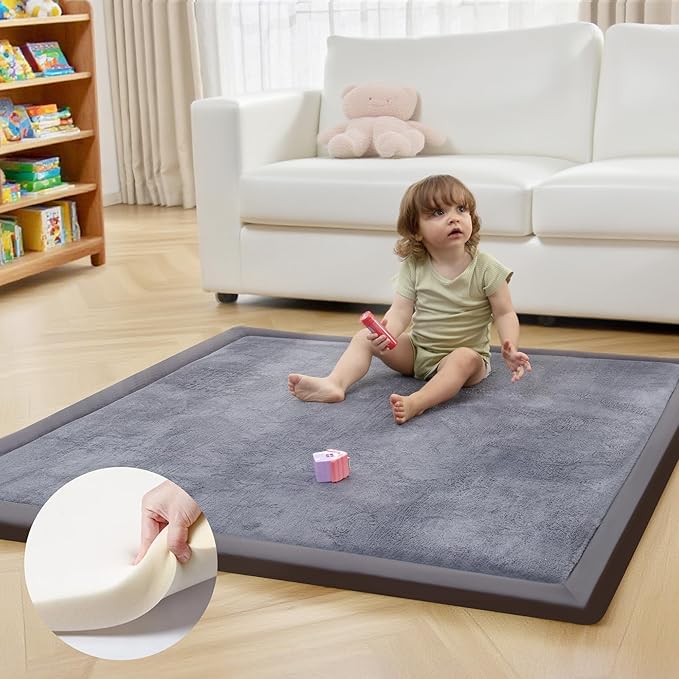 ACOMOPACK Baby Play Mat for Floor 1.3" Thick Memory Foam 50x50 Soft Velvet Playpen Mat for Kids,Infants,Toddlers,Tummy Time Crawling Mats with Non-Slip Bottom,Yoga,Tatami,Nursery Rug（Dark Grey）-Ruum Studio Home