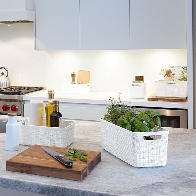 Curver Set of 8 Jute Small Decorative Plastic Organization and Storage Baskets, Perfect Bins for Home Office, Closet Shelves, Kitchen Pantry and All Bedroom Essentials-Ruum Studio Home