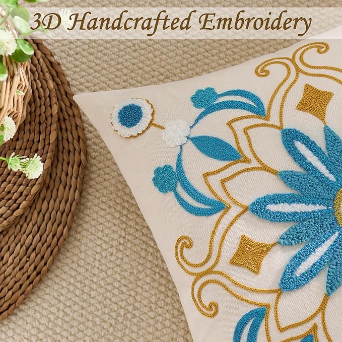 Embroidered Throw Pillow Cover 18x18 Classic Boho Floral Pattern Pillows Cover Outdoor Decorative Pillowcase,Durable Cozy Textured Cushion Case for Sofa Couch Bed Living Room,Teal-Ruum Studio Home