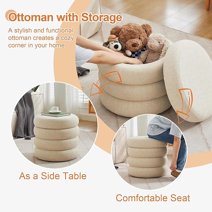 ONEVOG Round Storage Ottoman, 20" Small Ottomans Table with Removable Lid, Linen Fabric Soft Footrest Stools for Couch, Upholstered Stuffed Circle Seat for Living Room/Bedroom/Dorm/Vanity, Beige-Ruum Studio Home