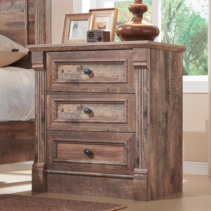 26" Tall Farmhouse Nightstand, 3 Drawers End Table w/Charging Station, 23.6" Wide Large Side Table w/Roman Column, Wood Rustic Sofa Table for Bedroom, Light Brown-Ruum Studio Home