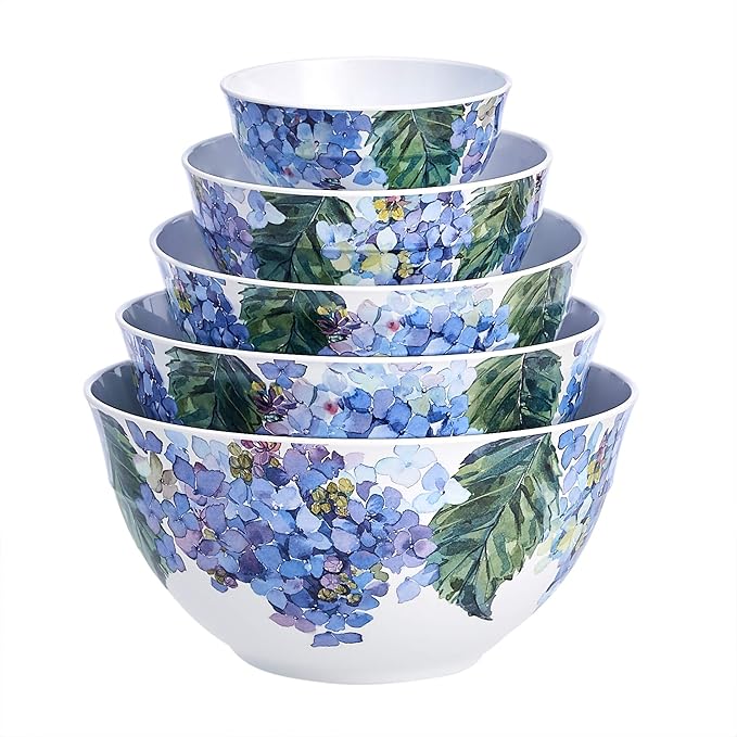 Amazon Basics Nesting Melamine Mixing Bowl With Lid And Non-Slip Base, 5 Sizes, Set Of 10, Hydrangea Floral, 3 15/16",7 9/16",8 7/8",10",11 1/4"-Ruum Studio Home