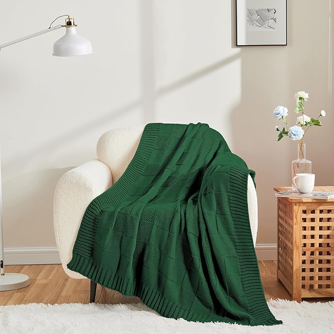 CozeCube Knit Throw Blanket, Green Checkered Throw for Couch, Soft Cozy Warm Knitted Blanket for Bed Sofa Living Room, 60"X80", Forest Green-Ruum Studio Home