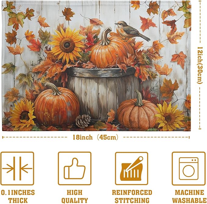 Fall Placemats 12x18 Inch Set of 4 Pumpkin Maple Leaves Sunflower Bird Linen Place Mat Burnt Orange Autumn Thanksgiving Harvest Table Mats for Party Kitchen Dining Decoration-Ruum Studio Home