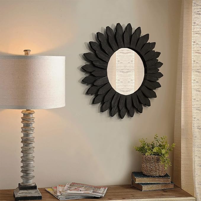 Honiway Boho Wall Decor Mirrors for Wall 2 Pack 12 inch Wood Decorative Mirror for Room Decor Rustic Farmhouse Mirror for Bedroom Bathroom Living Room Kitchen Black-Ruum Studio Home