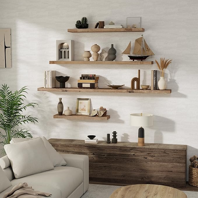 Floating Shelves, 8 Inch Deep Rustic Solid Reclaimed Wood Wall Shelves for Storage, Wall Mounted Display Shelving with Invisible Heavy-Duty Metal Bracket, 30 Inch Width Set of 2, Natural-Ruum Studio Home
