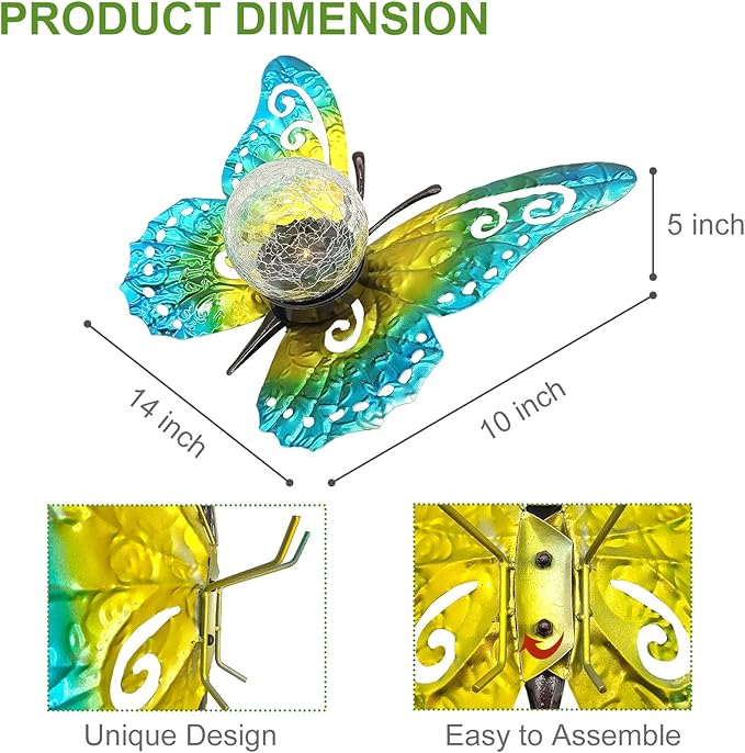 Solar Lights Outdoor Garden Butterfly Decor, Metal Butterfly Statue Decoration with LED Crackle Glass Globe, Solar Powered Lighted Garden Art Decor for Patio Lawn Yard Pathway Tabletop Ground-Ruum Studio Home