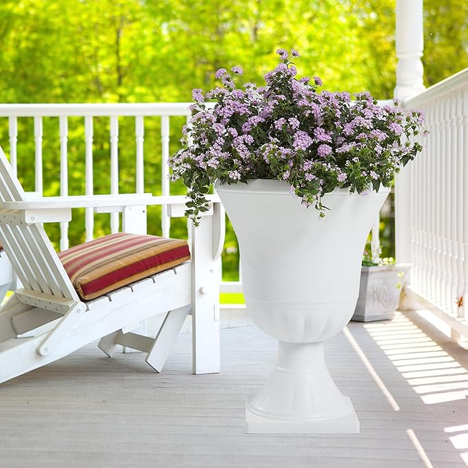 Worth Garden 2-Pack Plastic Urn Planters - 22'' Tall Round Classic Resin Flower Pots Pure White Traditional Large Plant Pots for Front Porch Patio Deck Wedding Decoration Pot - Indoor & Outdoor-Ruum Studio Home