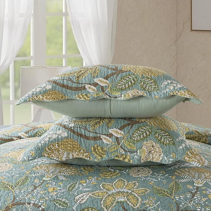 NEWLAKE Cotton Bedspread Quilt Sets-Reversible Patchwork Coverlet Set, Green Floral Pattern, King Size-Ruum Studio Home