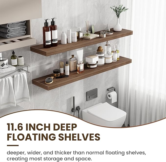 55 Inch Floating Shelves, 12 Inch Deep Floating Shelves for Wall, Floating Shelf with Invisible Brackets, Deep Wall Shelves for Bathroom, Bedroom, Living Room, 1 Pack, Walnut-Ruum Studio Home