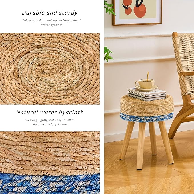 Handwoven Outdoor Ottoman, Water Hyacinth Pouf Round Patio Footstool with Wood Legs, 17-Inch Multipurpose Vanity Stool, Dining Chair, Patio Footrest for Balcony and Garden, Blue-Ruum Studio Home