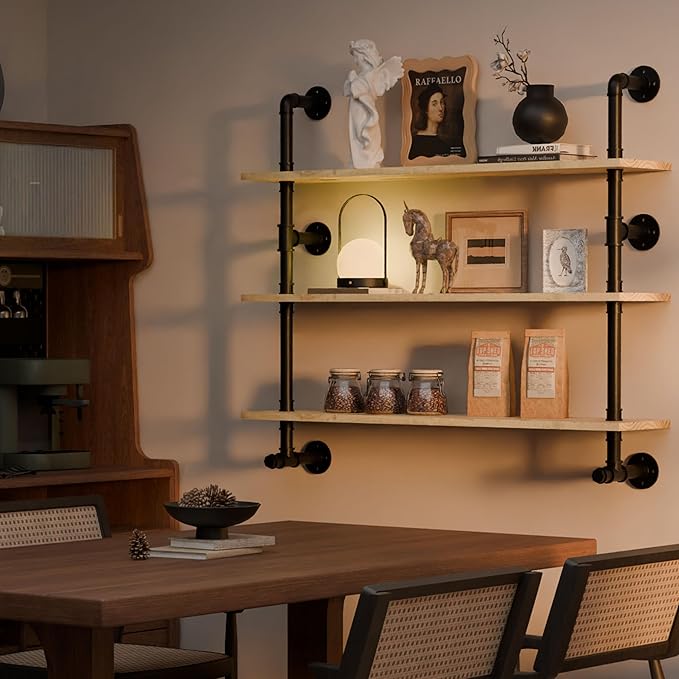 Industrial Pipe Wall Shelves Pipe Shelving with Real Wood Plank,48 Inches Floating Shelves for Wall Farmhouse Pipe Book Shelves Dark Brown 3 Tier for Kitchen,Living Room Decor and Bar Shelving-Ruum Studio Home
