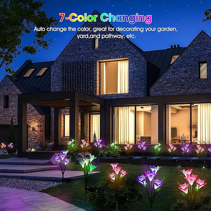 Solar Lights Outdoor Waterproof, 4 Pack Garden Decor Lights, 16 Multi-Color Changing Lily Solar Flowers for Yard Patio Pathway Decor, Gifts for Women Mom (4 Pack)-Ruum Studio Home