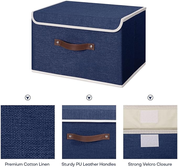 ANMINY Storage Bin with Lid Storage Boxes with PU Leather Handles PP Plastic Board Decorative Foldable Lidded Cotton Linen Fabric Home Cubes Baskets Closet Organizer Container - Blue, Large Size-Ruum Studio Home
