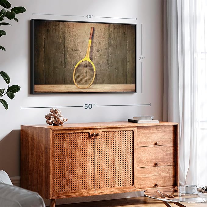 ElephantStock Vintage Tennis Racket Wall Art - Horizontal Framed Canvas - 1-Piece Living Room Wall Decor - Photography Sports Canvas Print - Brown and Black Decor for Wall - 40" X 27"-Ruum Studio Home